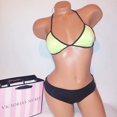 Bikini de Natación Victoria Secret Pequeño Parte Superior Inferior Triángulo Verde Negro Espalda Corredora Nuevo Foto 1 de 4