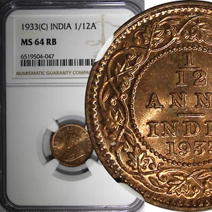 India-British George V Bronze 1933 (C) 1/12 Anna NGC MS64 RB KM# 509 (047) - Picture 1 of 5