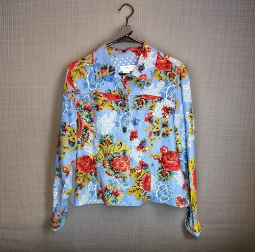 VETEMENTS Camicia floreale abbottonata Coldwa Creek a maniche lunghe misto lino blu L