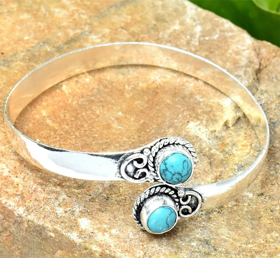 Green Turquoise Gemstone Handmade 925 Sterling Silver Jewelry Bangle Size 7-8" - Image 1 of 1