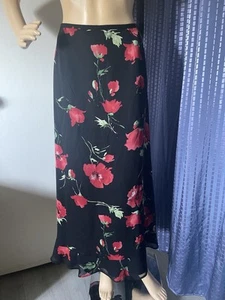 EMMA JAMES Black Silk Lined Floral Red Poppies Skirt 14 Vintage - Picture 1 of 9