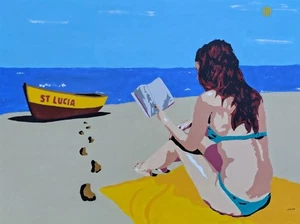 Girl Freedom Peace Beach Boat Sea Sand Sky St Lucia Painting Framed Art - Picture 1 of 4