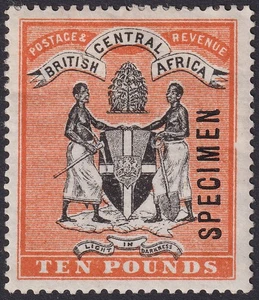 British Central Africa 1896 QV SPECIMEN £10 Black + Orange SG41s cat £350 ADHESN - Picture 1 of 2