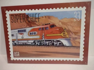 Vtg  Super Chief USA Postal Stamp Metal Sign  ~ Sante Fe 6 Train Locomotive   A6 - Picture 1 of 4