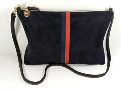 Clare V NOVA Bolsa Bretelle Azul Marinho Perf Listra de Camurça Bolsa Transversal Alça de Couro - Imagem 1 de 4