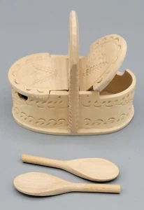 Treenware Wood Divided Dry Condiment Basket With Spoons Salt & Pepper or Spices - Picture 1 of 12