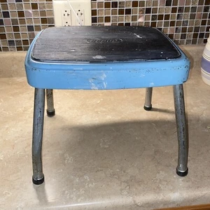 Vintage Cosco Blue  One Step  Foot Stool Chrome Legs  MCM Turquoise - Picture 1 of 10