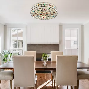 Tiffany Style Vintage Stained Glass Flush Mount Ceiling Light Pendant Lamp - Picture 1 of 10
