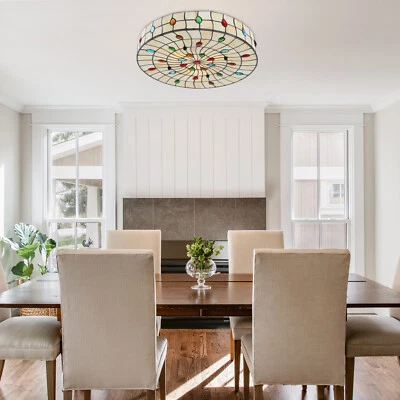 Tiffany Style Vintage Stained Glass Flush Mount Ceiling Light Pendant Lamp - Image 1 of 4
