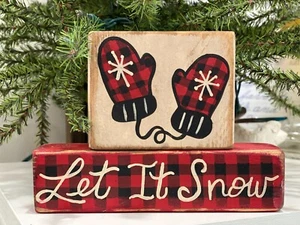 Handbemalte Büffel Karo Fäustlinge Let It Snow 2-teiliges abgestuftes Tablett Regal Sitter Set - Bild 1 von 7
