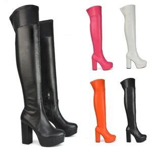 Womens Thigh High Boots Ladies Stretch Leg Platform Chunky Heel Over The Knee - Picture 1 of 37