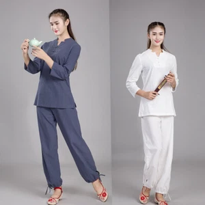 Women's Tai Chi Outfits Top+Pants Martial Arts Kung Fu Yoga Uniform Linen Sports - Picture 1 of 19