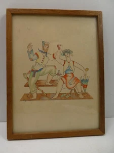 VINTAGE FOLK ART WATERCOLOUR PAINTING MAN LADY DANCING GIO PONTI STYLE SIGNED NG - Bild 1 von 6