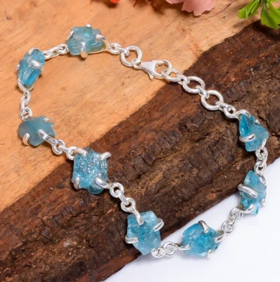 925 Sterling Silver Handmade Bracelet Natural Aquamarine Rough Gemstone Jewelry - Image 1 of 4