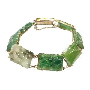 Antique Chinese 9K Gold Carved Jadeite Nephrite Panel Bracelet  - Picture 1 of 11
