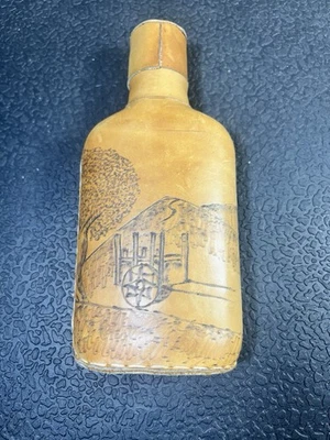 Light Beige Leather Flask Bottle Bottom With Wagon Scene - Image 1 of 4