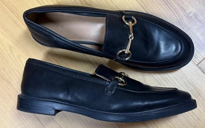H&M Sz 7 (38) Women's Faux Leather Black Loafers Shoes w/Gold Buckle Academia - Image 1 of 4