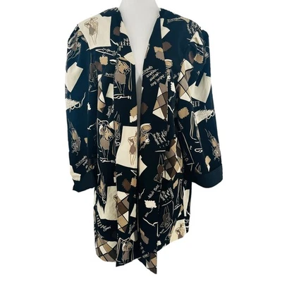 Vintage 80s Kari's Korner Black Tan Mixed Print Long Jacket Blazer Plus 24 - Image 1 of 4