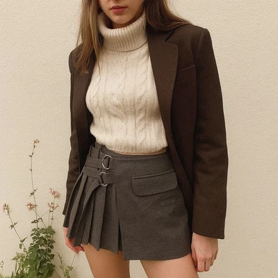 Saia plissada feminina Zara média fivela de carvão estudante academia escura gótica - Imagem 1 de 4