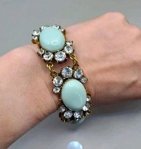Vintage Mint Green Cabochon And Rhinestone Gold Tone Adjustable Bracelet - Picture 1 of 15