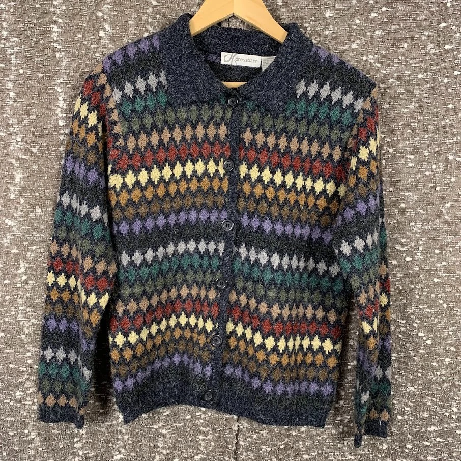 Cárdigan suéter vintage Dressbarn colorido tejido diamantes preppy para mujer M Foto 1 de 4