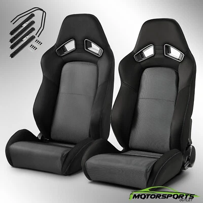 Universal Black+Grey Mesh PVC Reclinable Racing Seats Pair Left/Right W/Slider Foto 1 de 4