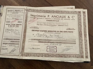 Imprimerie Anciaux & Imprimerie des Ardennes réunies. Actions nominatives. 1937 - Afbeelding 1 van 10