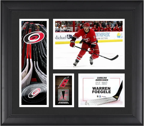 Warren Foegele Carolina Hurricanes Frmd 15x17 Player Collage & Piece of GU Puck Cover