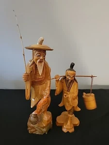 Set of 2 Asian Wood Carved Fishermen Statues Figurines - Picture 1 of 13