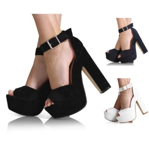 Womens Platform Chunky Heels Sandals Ladies Ankle Buckle Strap Peep Toe Shoes - Picture 1 of 12