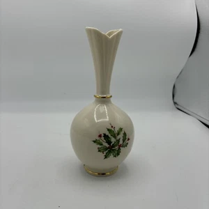 Vintage Lenox China Christmas Holiday 8” Bud Vase 24K Gold Trim Holly Berries - Picture 1 of 12