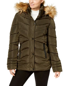 MADDEN GIRL Juniors' Faux-fur Trim Hooded Puffer Coat In Olive V4214 Size Small - Picture 1 of 2