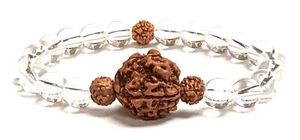 Handmade 5 Mukhi Rudraksha and 8mm Clear Crystal Quartz Stretch Bracelet | 7.5 - Picture 1 of 5