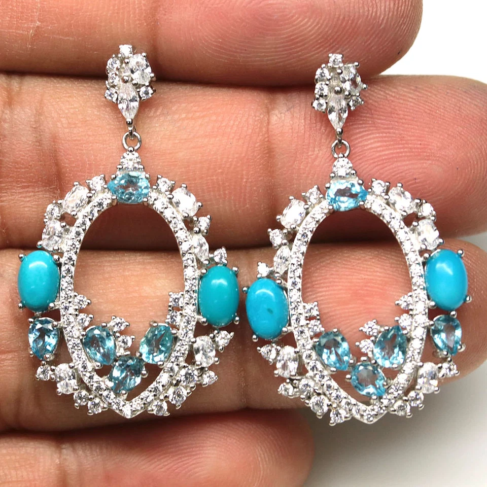 Brincos de prata 925 Black Friday azul turquesa, topázio e zircão, zircônia cúbica - Imagem 1 de 4