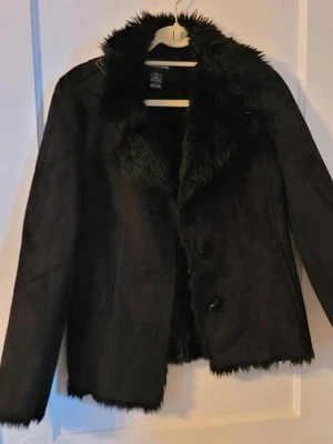 Northwest女式小号黑色人造皮革和毛皮夹克胸部38英寸长24 — 第 1/4 张图片