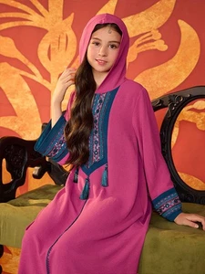 Abito lungo bambino caftano con cappuccio sciolto modesto ricamo musulmano maxi accappatoio Abaya - Foto 1 di 16