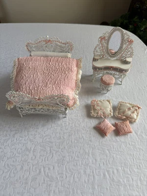 Vintage Dollhouse White Wire Bed & Vanity W/Stool & Pink Accents - Image 1 of 4