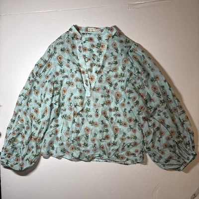 Blusa Alice + Olivia Raya para mujer XS azul verde floral manga globo algodón seda Foto 1 de 4