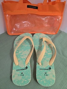 Cicciabella Thongs Flip Flops Sandals Blue Green Cream/Tan Carrying Case M 7-8 - Picture 1 of 5