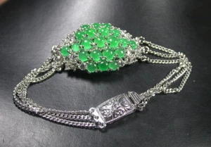 Real Ice Green Jade Cabochon Imitation Diamond Flower 18KGP Bangle Bracelet - Picture 1 of 7