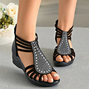 Women's Wedge Sandals Rhinestones Decor Casual Open Toe Back Zip Summer Shoes - Picture 1 of 7