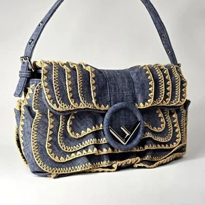 New FENDI Denim F is Fendi Multi Waves Embroidered Ruffled Baguette Blue - Picture 1 of 19