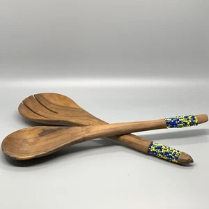 Vtg WOOD SALAD FORK SPOON (tongs) SET - BEADED Handles Seed Beads - Picture 1 of 9