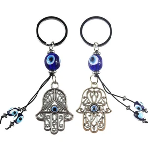 Turkish Blue Evil Eye Carved Hamsa Hand Key Chains Ring Holder Keychain Amulet - Picture 1 of 16
