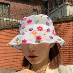 Lady Floral Bucket Hat Mesh Fishing Bush Cap Embroidery Summer Beach Sun Holiday - Picture 1 of 13