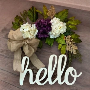 Handmade Rustic “hello” Wreath With Hydrangeas,burlap Bow, Perfect For Front Doo - Picture 1 of 13