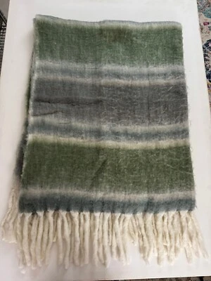 POTTERY BARN Green/Gray Acrylic/Wool Blend Soft Fuzzy Tasseled Throw Blanket NWT - Image 1 of 4