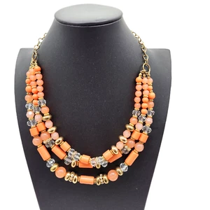 Bead Rhinestone & Crystal Necklace Triple Strand Gold Tone Orange Sparkly Fancy - Picture 1 of 8