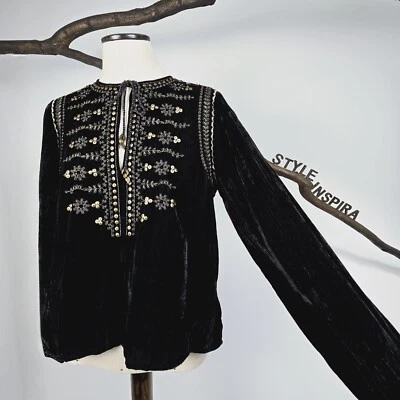 ZARA 🖤 BLUSE SAMTBLUSE BOHO BESTICKT STICKEREI BESTICKT SAMT SCHWARZ GOLD S - Bild 1 von 4