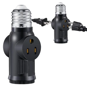 3 Prong Light Bulb Outlet Socket Adapter E26 E27 Light Socket to Plug Adapter - Picture 1 of 9